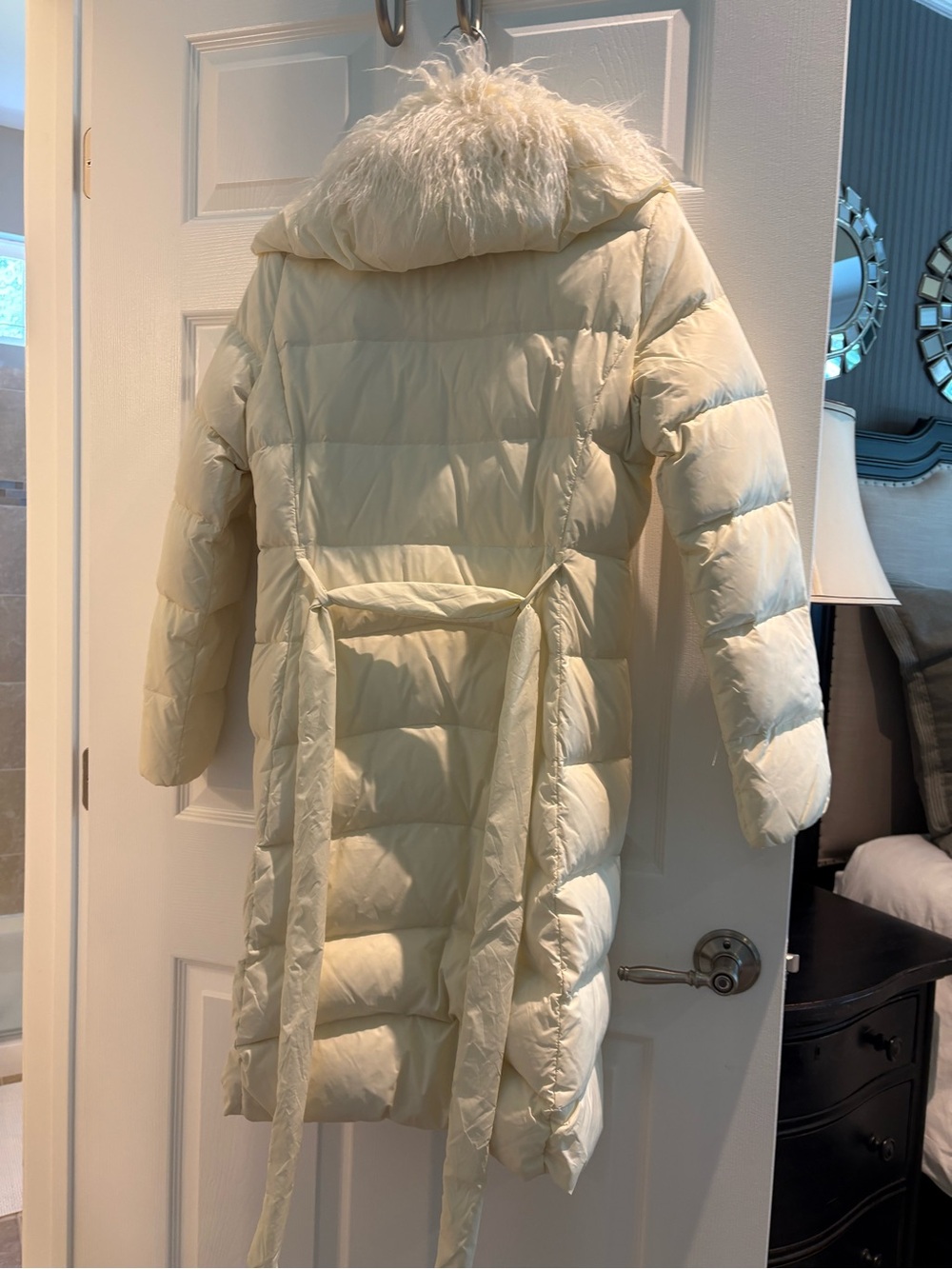 Ivory Faux-Fur Trim Belted Puffer Coat